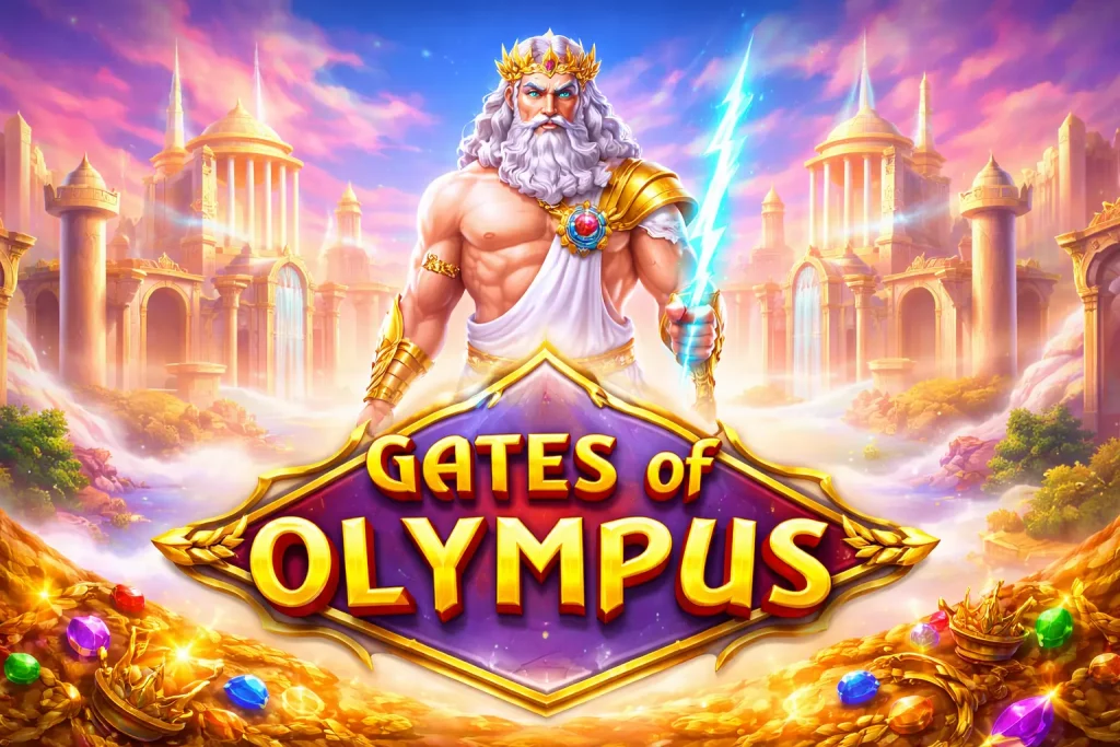 Gates of Olympus slot featuring Zeus with lightning, golden temples and glowing treasures in a vibrant mythological casino scene
