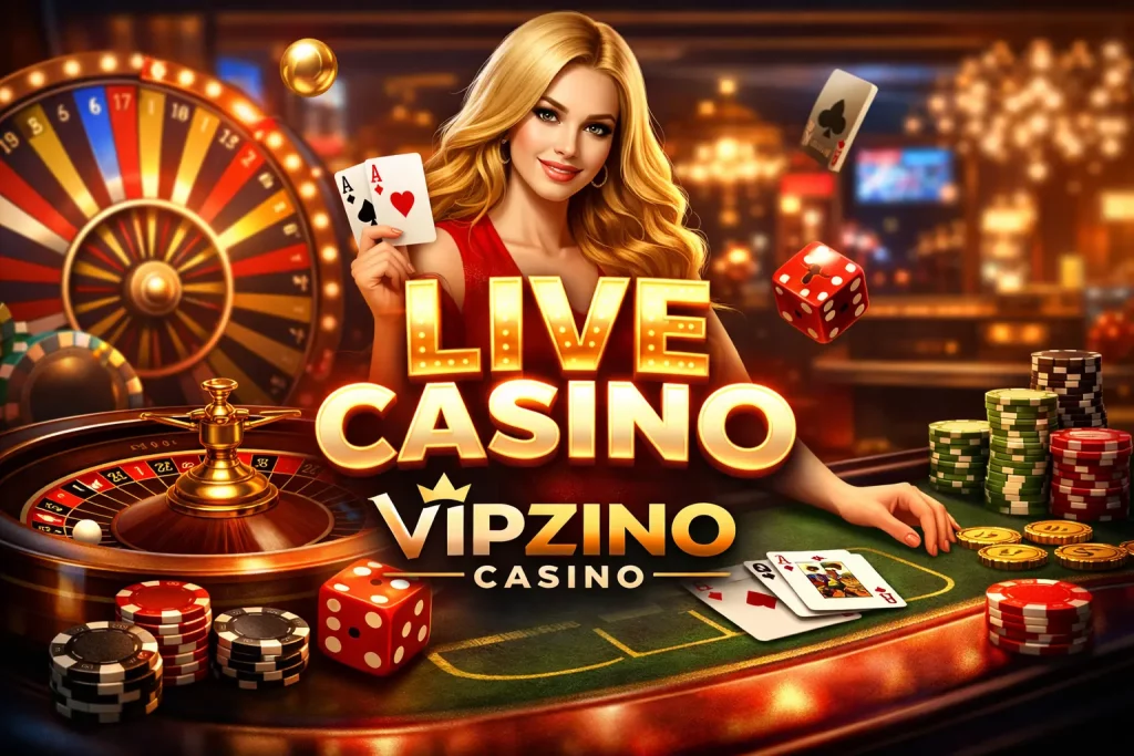 Vipzino Live Casino scene with professional dealer, roulette table, poker chips and cards in a premium UK-style casino environment