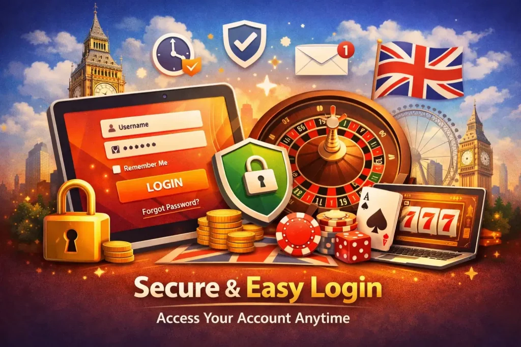 Vipzino Casino login illustration with secure account access, UK casino theme, login screen, roulette wheel and security symbols