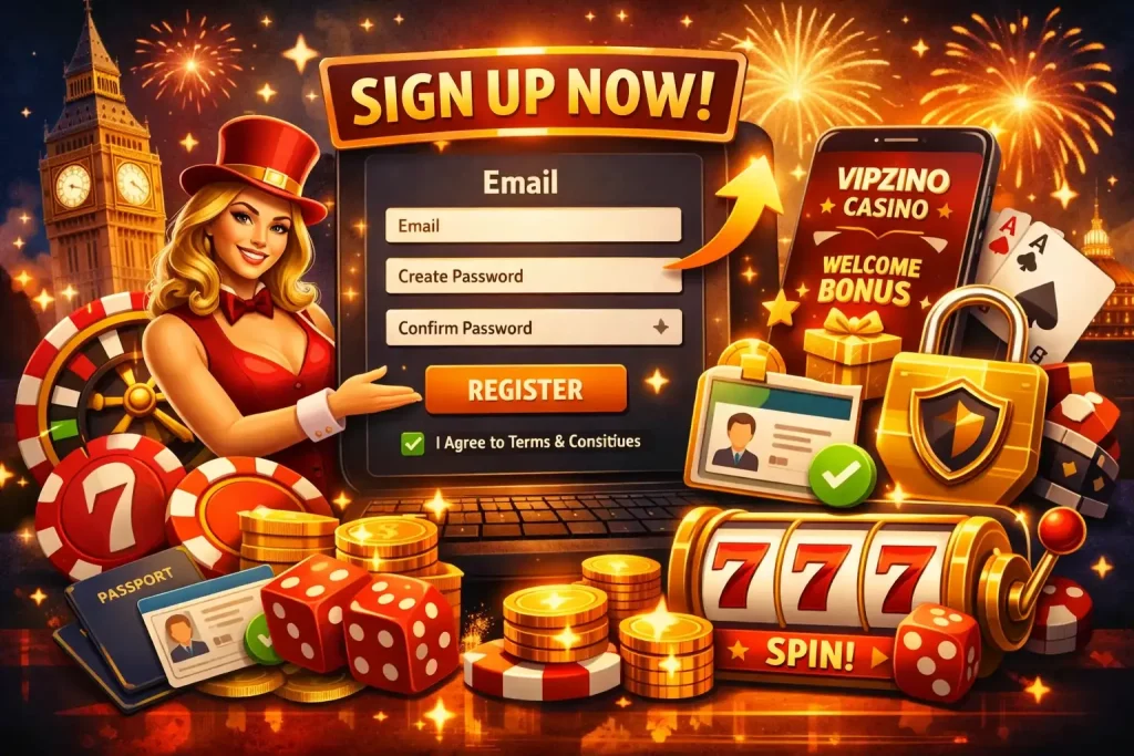 Vipzino Casino sign up illustration with registration form, OTP verification, UK theme, casino chips, slot machine and secure account creation