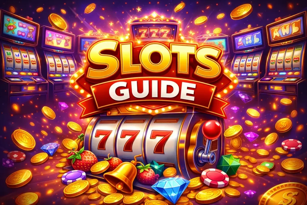 Online slots guide with 777 slot machine, coins and casino symbols – Vipzino Casino UK
