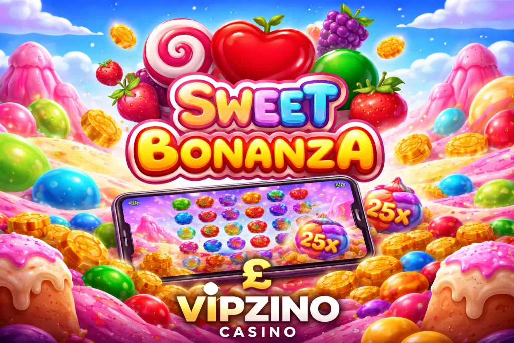 Sweet Bonanza slot game illustration with colourful candy theme, cascading symbols, multipliers and Vipzino Casino UK branding
