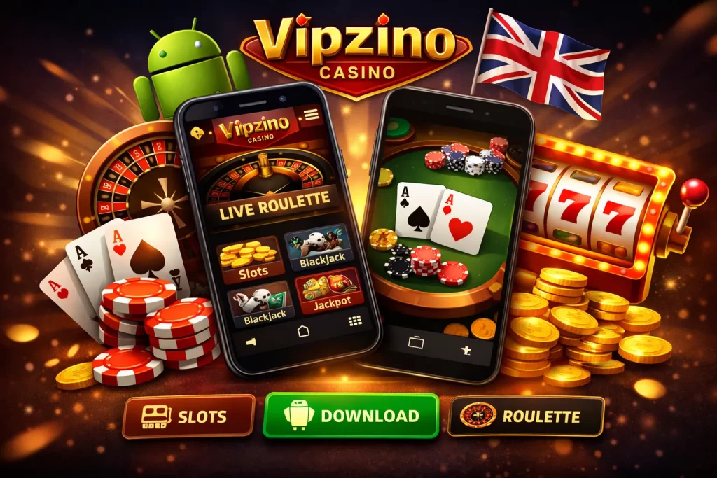 Vipzino Casino Android app showing mobile slots, roulette and poker with fast gameplay and secure access for UK players