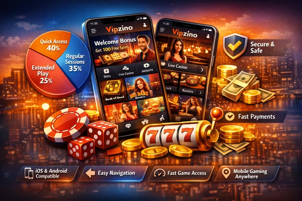 Vipzino Casino app interface on mobile with games, live casino and fast access features