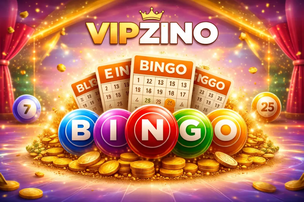 Vipzino Bingo casino scene with colourful bingo balls, cards, gold coins and vibrant glowing background in a premium UK-style design