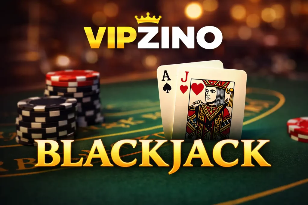Vipzino Casino blackjack UK with cards chips table and premium casino atmosphere