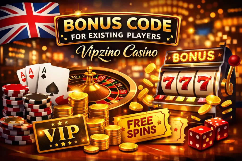 Vipzino Casino bonus code for existing players UK with casino chips roulette slot machine free spins and VIP rewards