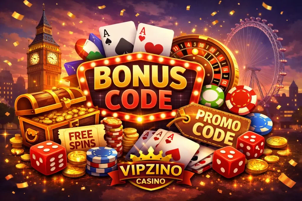 Vipzino Casino bonus code illustration with UK theme, Big Ben, casino chips, cards, coins and free spins rewards