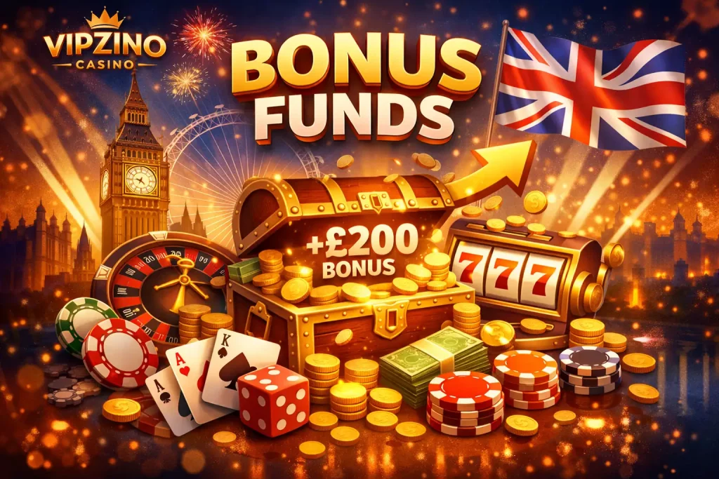 Vipzino Casino bonus funds illustration with UK theme, Big Ben, coins, slot machine, roulette wheel and casino chips representing extra playable balance
