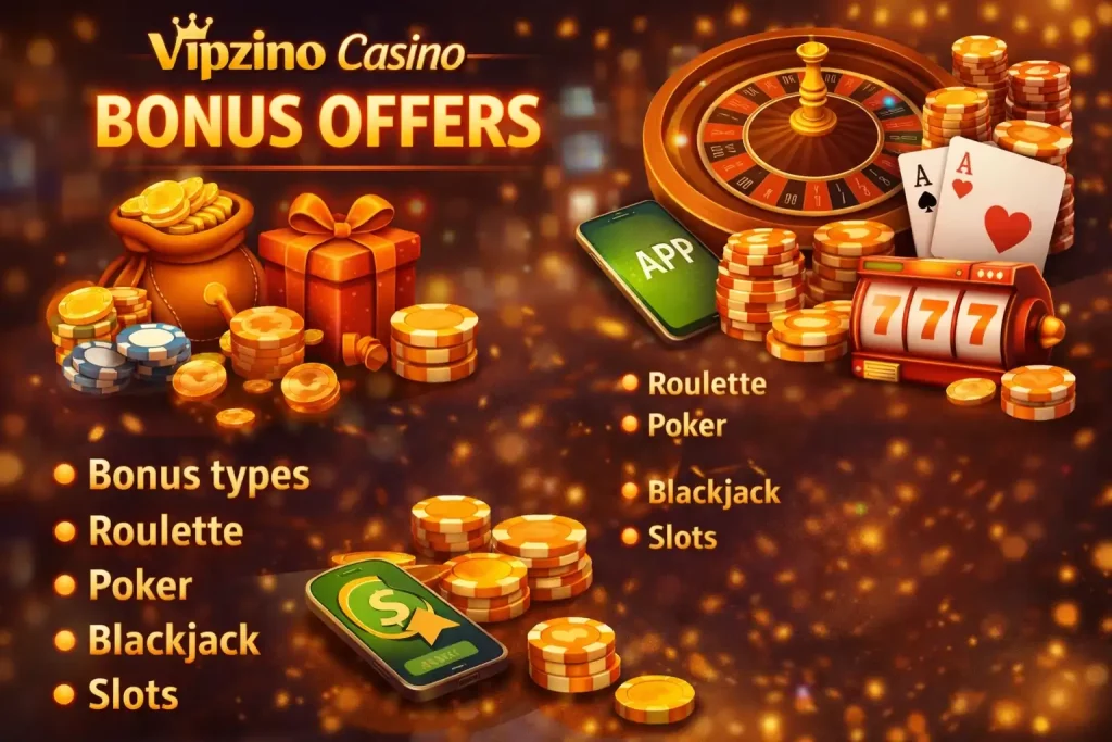 Vipzino Casino bonus offers illustration with gold coins, casino games, roulette, poker cards and premium rewards for UK players