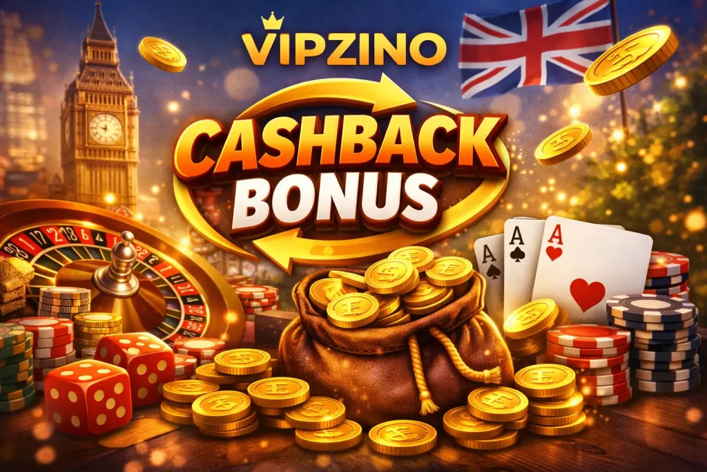 Vipzino Casino cashback bonus illustration with UK theme, Big Ben, coins, roulette wheel, cards and casino chips showing balance recovery rewards