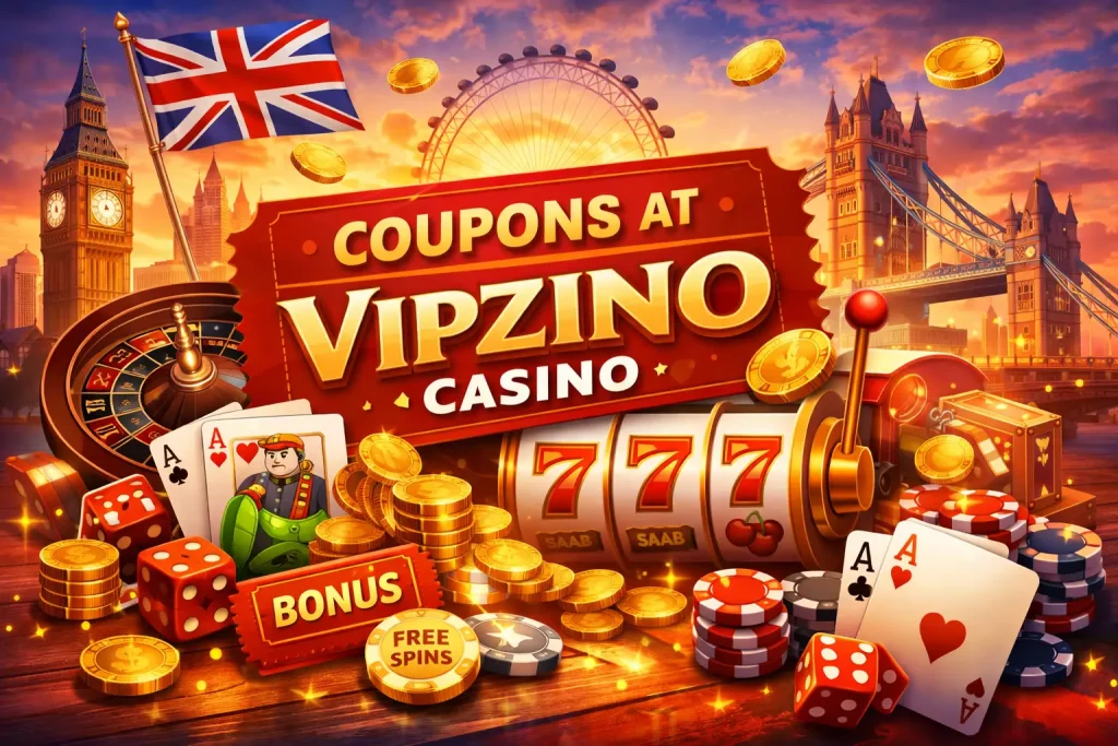 Vipzino Casino coupons UK with bonus offers free spins casino chips roulette slot machine and London landmarks