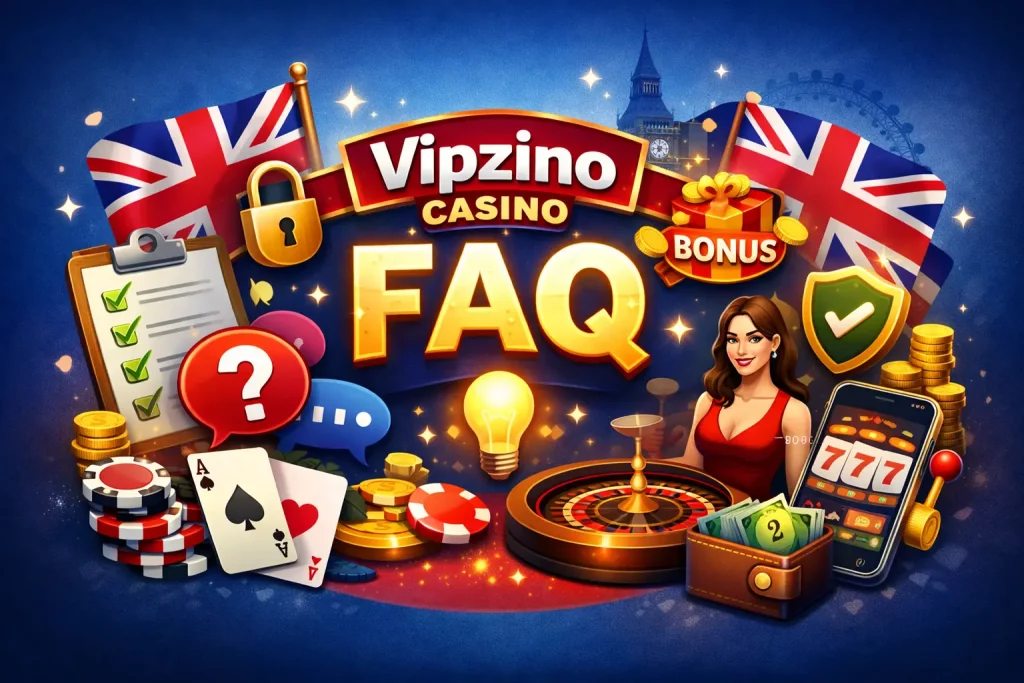 Vipzino Casino FAQ page illustration showing games, mobile app features and secure platform elements