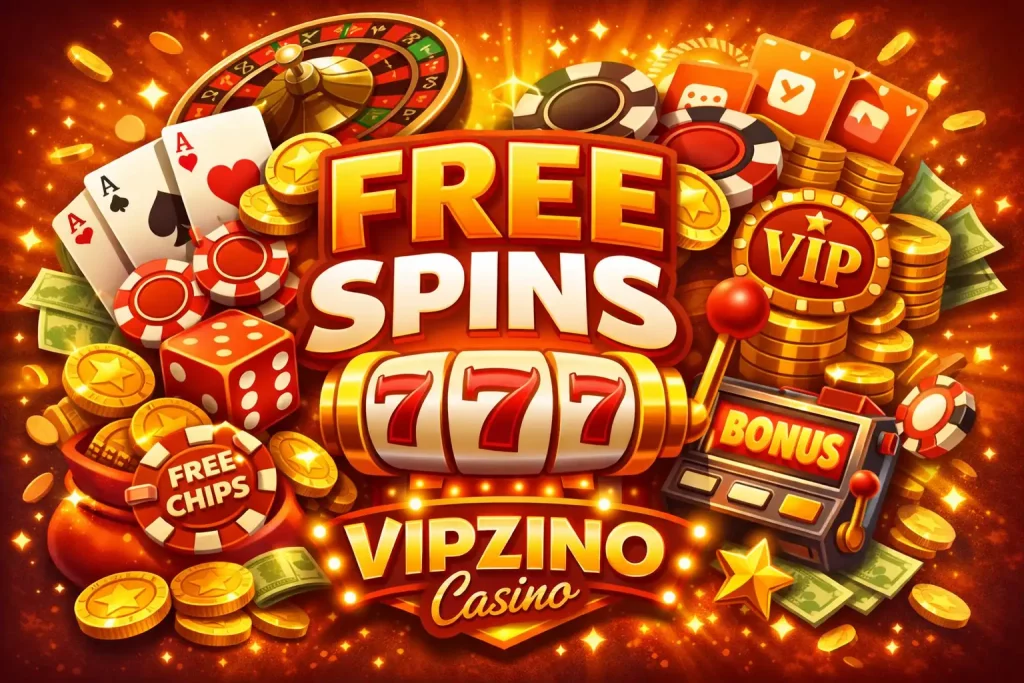 Vipzino Casino free spins illustration with slot machine, coins, bonus features and UK-themed casino elements