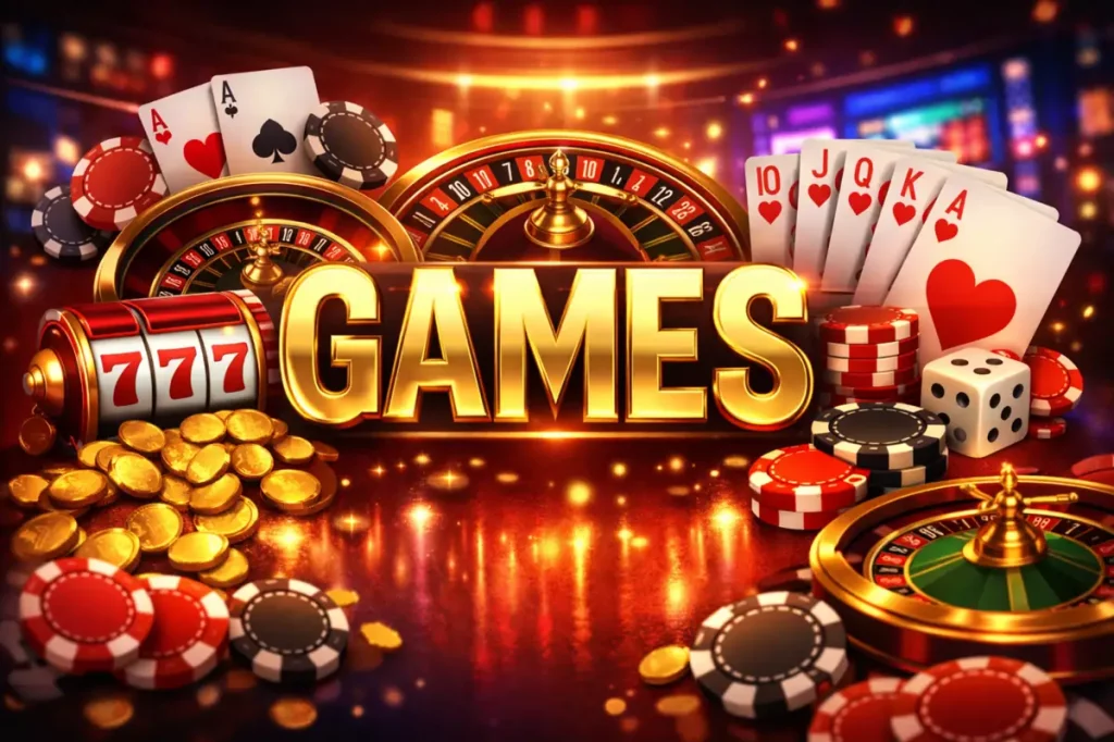 Online casino games banner with slots, roulette, poker chips and cards