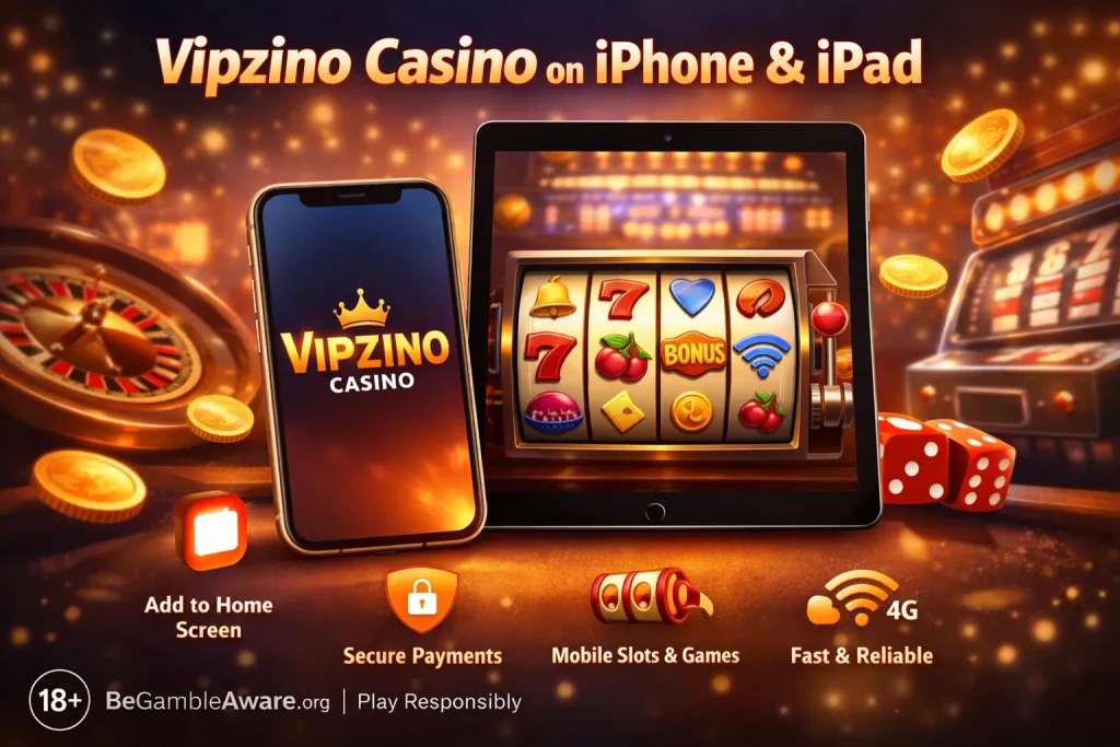 Vipzino Casino on iPhone and iPad showing mobile slots, roulette and secure gaming interface for UK players
