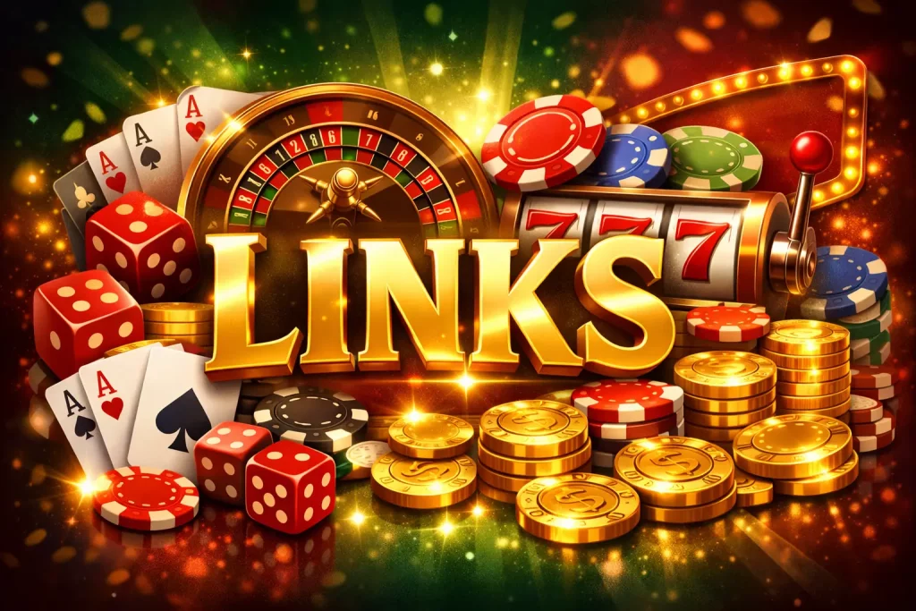 Vipzino Casino links page illustration with casino elements, cards, roulette wheel and gold coins
