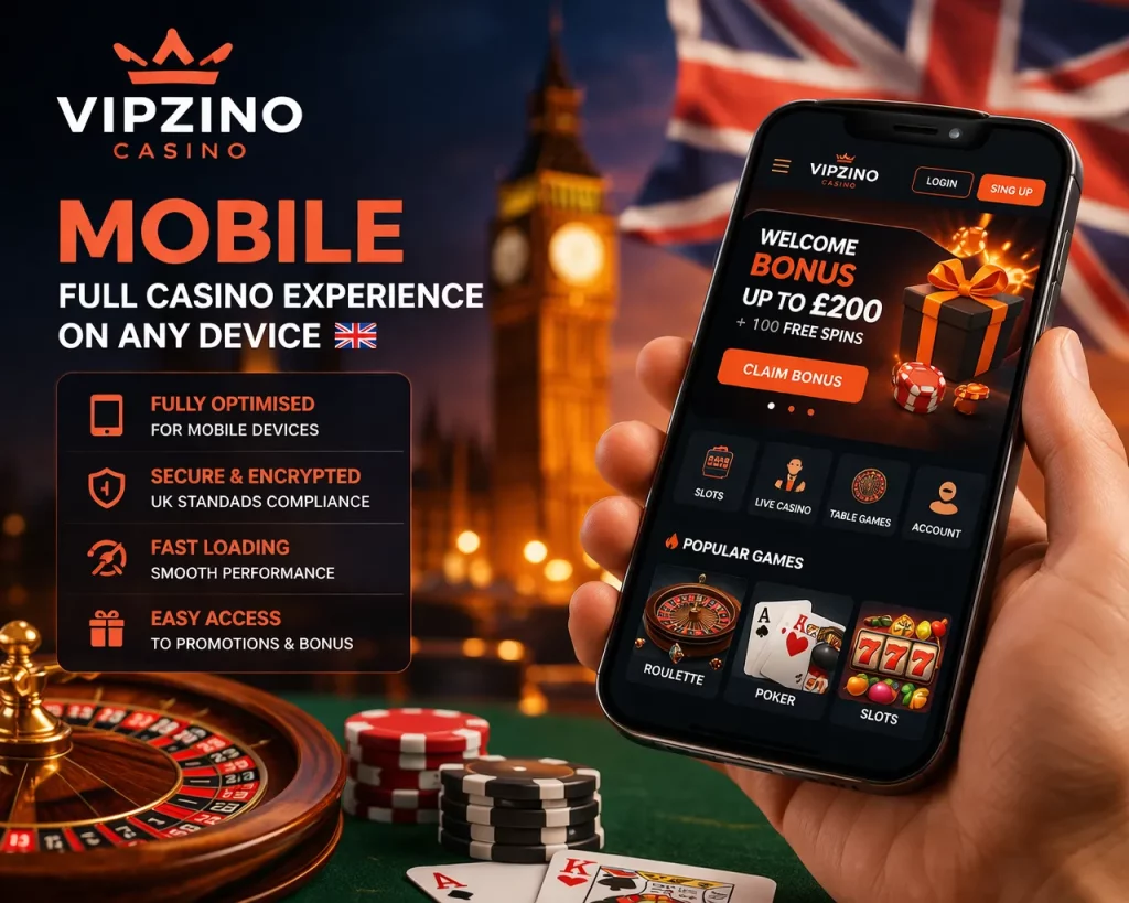 Vipzino Casino mobile platform on smartphone with slots, roulette and secure gameplay features for UK players