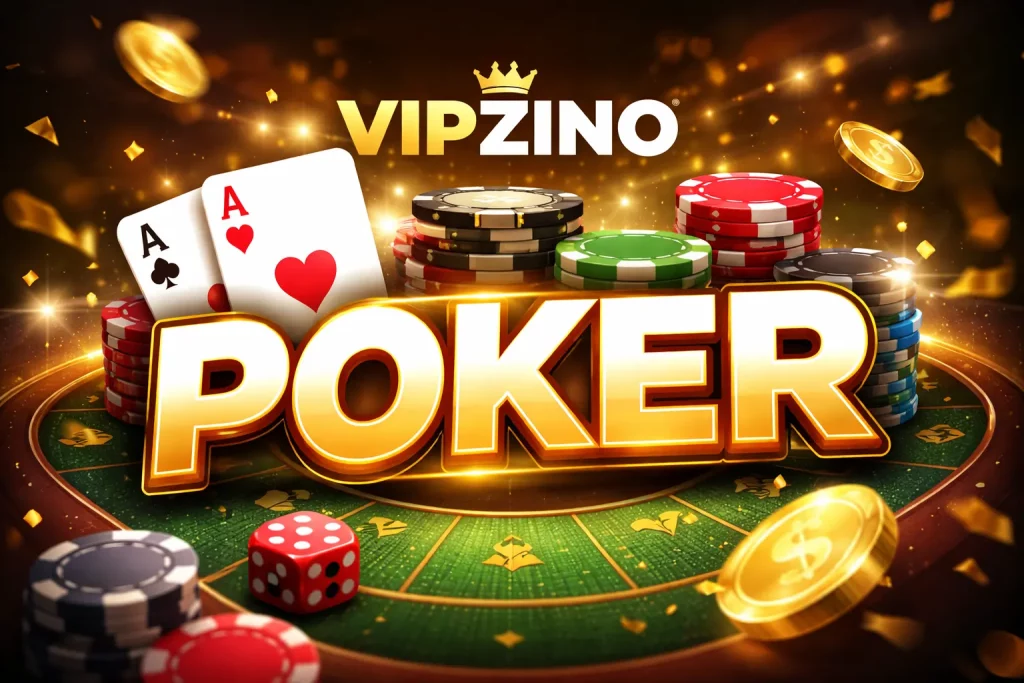 Vipzino Poker casino scene with gold logo, playing cards, poker chips and glowing gaming table in premium UK-style environment