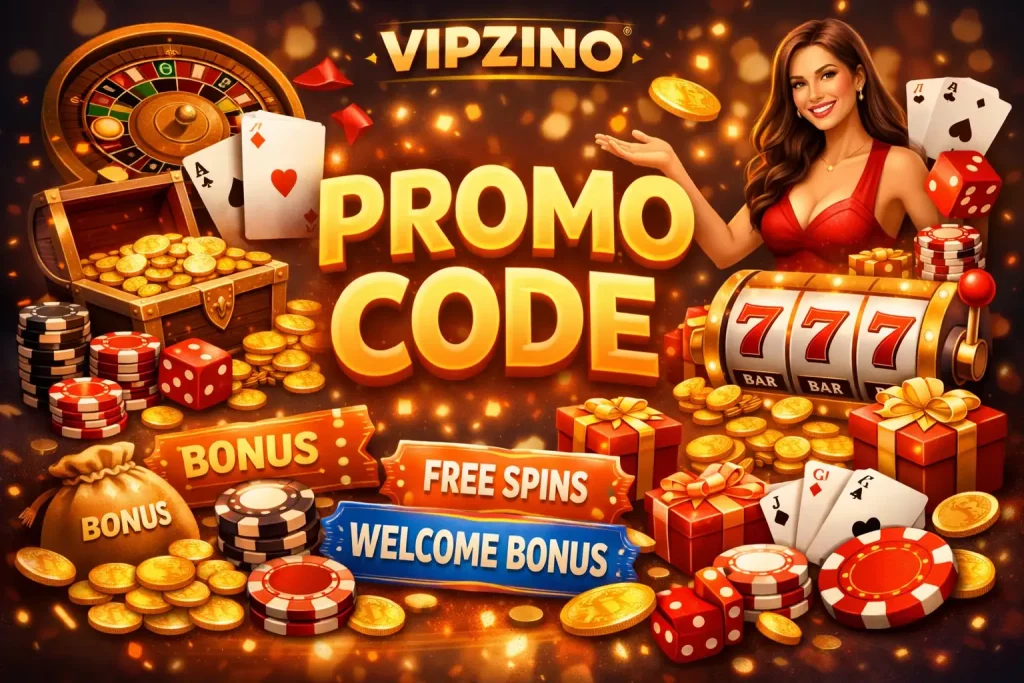 Vipzino Casino promo code illustration with bonus offers, free spins, coins and slot machine for UK players