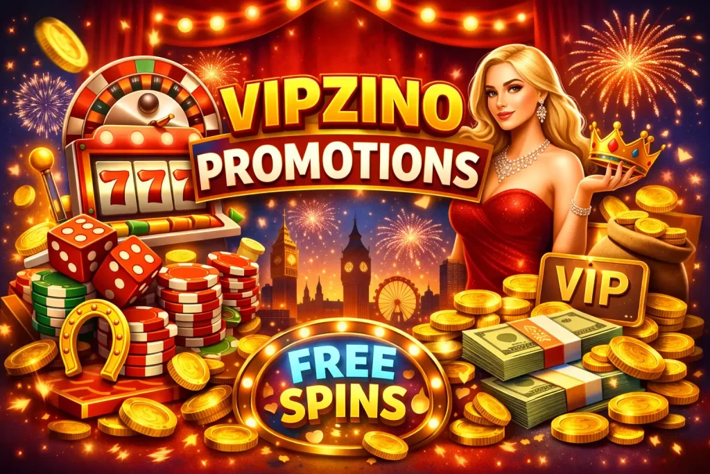 Vipzino Casino promotions UK with free spins VIP rewards bonus funds slot machine roulette chips and London skyline