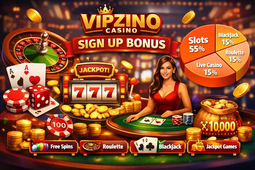 Vipzino Casino sign up bonus with free spins, slots, roulette and welcome offer for UK players