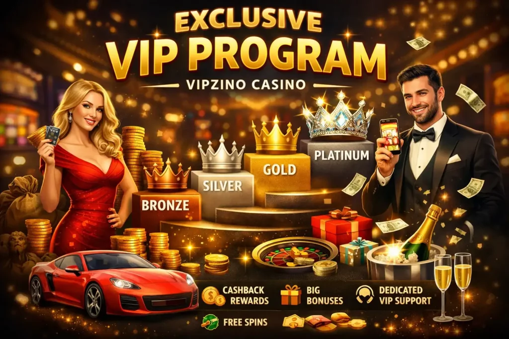 Vipzino Casino VIP Program illustration showing luxury rewards, tier progression (Bronze to Platinum), cashback bonuses, free spins and exclusive VIP benefits for UK players