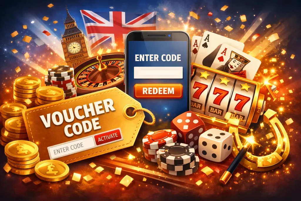 Vipzino Casino voucher code UK with redeem bonus free spins casino chips roulette slot machine and London skyline