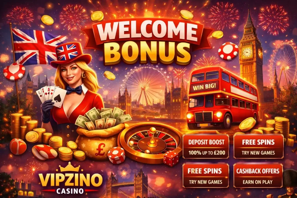 Vipzino Casino welcome bonus illustration with UK theme, Big Ben, roulette, coins and free spins offer for new players