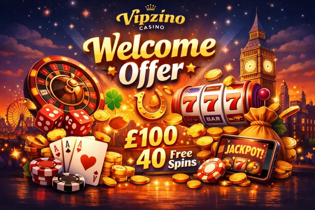 Vipzino Casino welcome offer illustration with UK theme, Big Ben, gold coins, slot machine, roulette wheel and cards showing bonus and free spins promotion
