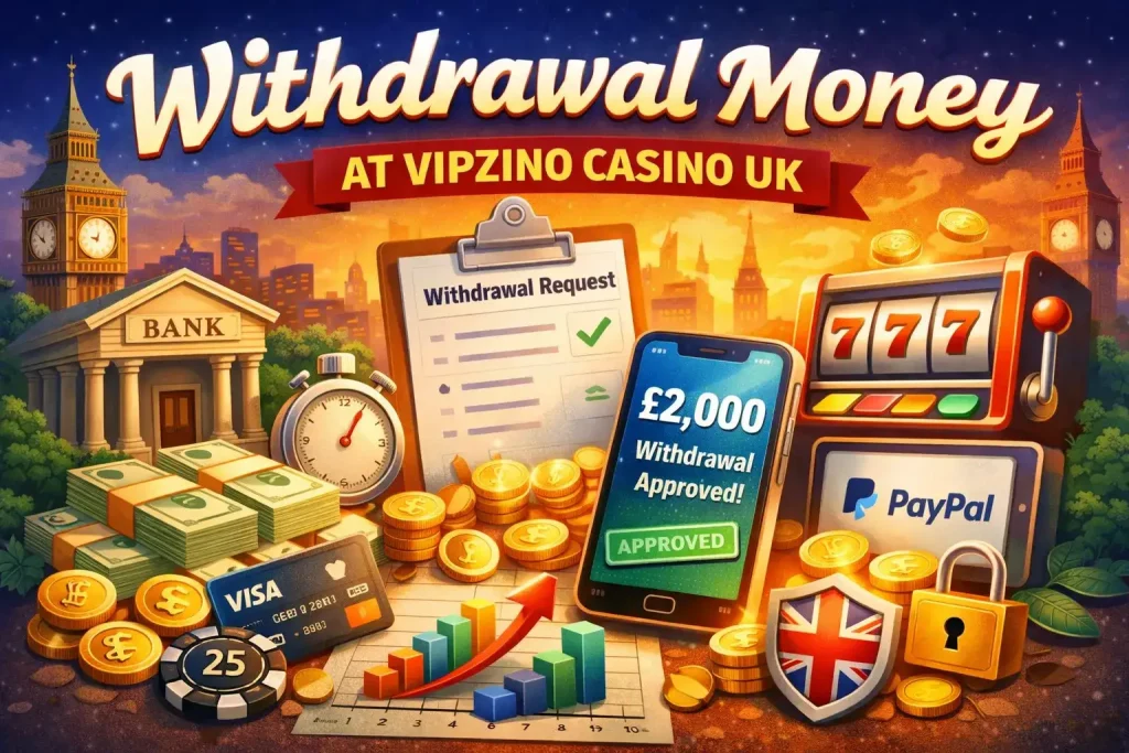 Vipzino Casino withdrawal process on mobile with approved payment, bank transfer, e-wallet and secure UK transaction system