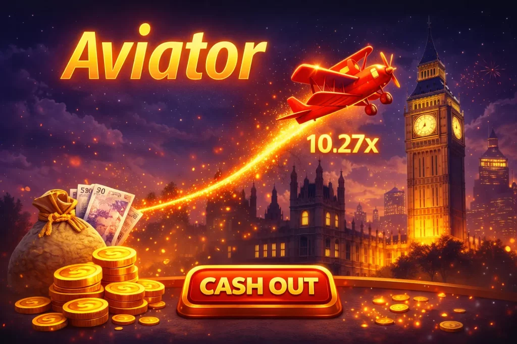 Aviator game at Vipzino Casino UK with rising multiplier plane, cashout feature and glowing casino illustration