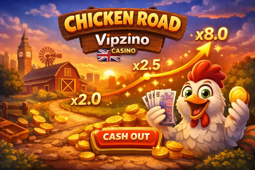 Chicken Road casino game Vipzino UK showing multiplier growth and cashout gameplay concept