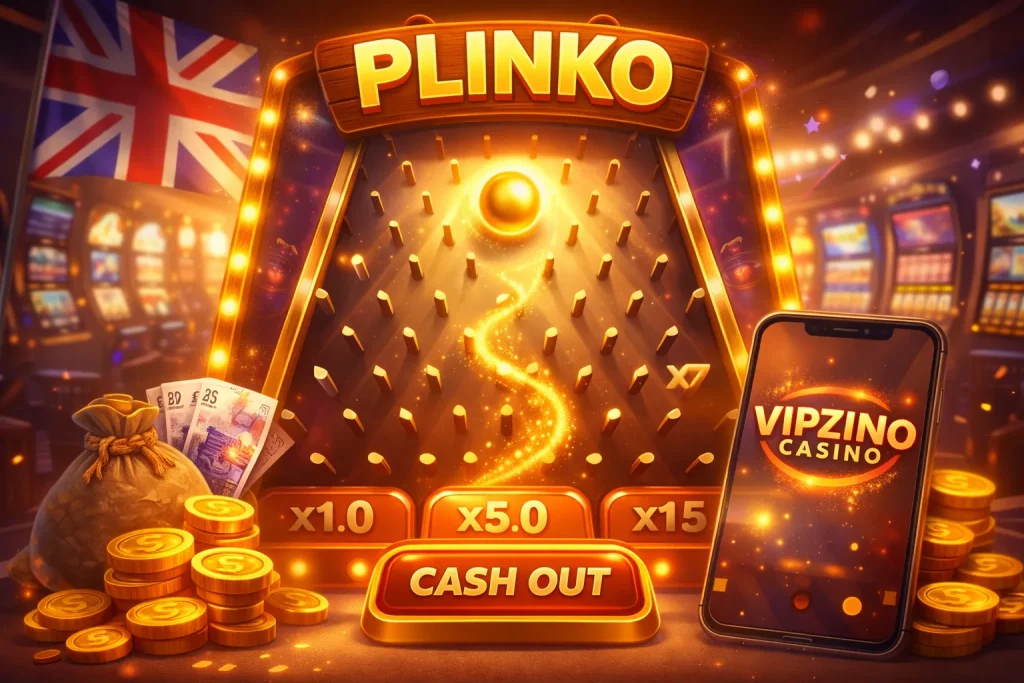 Plinko game at Vipzino Casino UK with falling ball, multiplier slots and glowing casino board illustration
